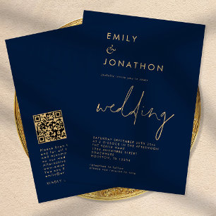 Invitation Script classique QR Code Marine Mariage or