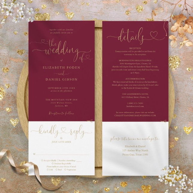 Invitation Script Coeur Bourgogne Et Or Tout En Un Mariage (Burgundy And Gold Heart Script All In One Wedding Invitation)