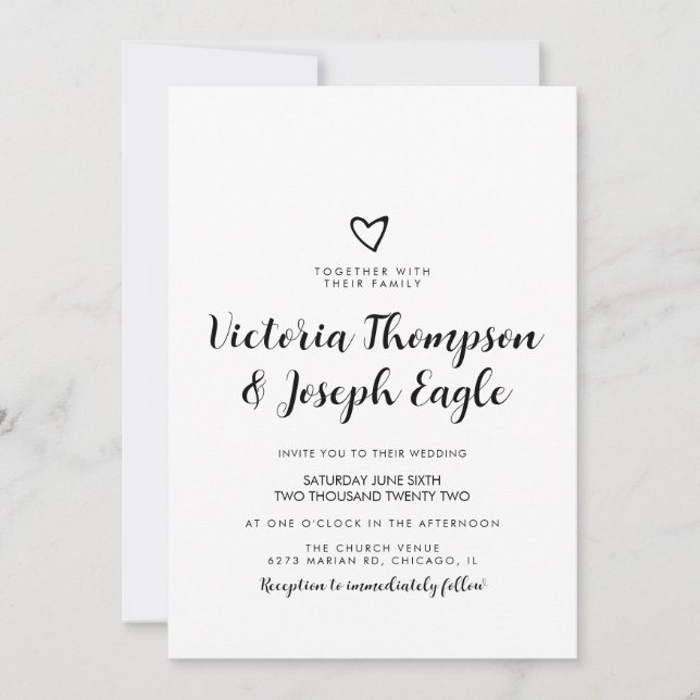 Invitation Script Coeur incliné noir blanc |Mariage moderne (Devant)