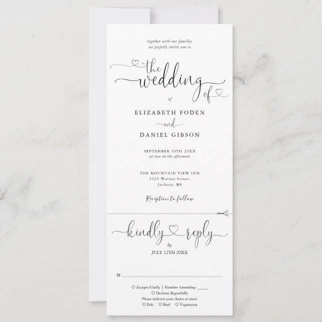 Invitation Script Coeur Noir Et Blanc Tout En Un Mariage (Devant)
