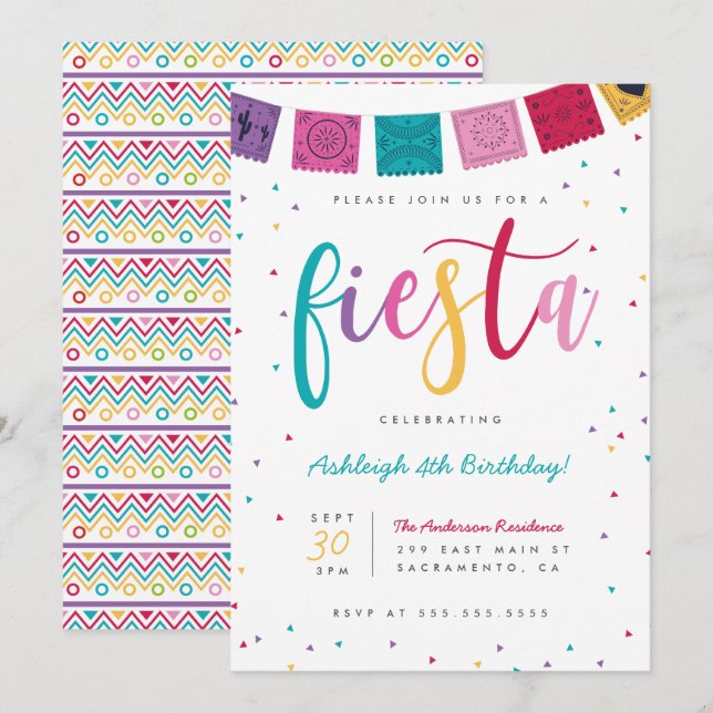 Invitation Script coloré mexicain Fiesta Anniversaire des enf (Devant / Derrière)