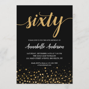 Invitation Script Confetti Black Gold élégant pour le 60e ann