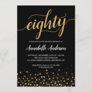Invitation Script Confetti Black Gold moderne 80e anniversair