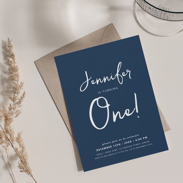 Invitation Script de 1er anniversaire moderne minimaliste Mar (Modern Minimal 1st Birthday Script Navy Blue Invitation)