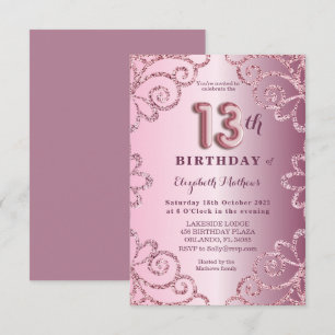Invitation Script de ballon en glitter rose pour 13e annivers