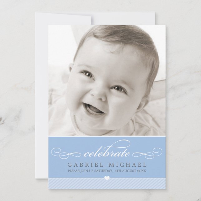Invitation SCRIPT DE BAPTÊME PHOTO joli type bébé bleu (Devant)