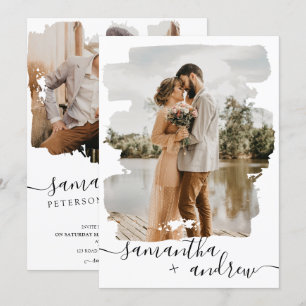 Invitation Script de brosse blanc moderne 2 photos mariage