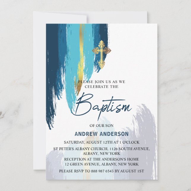 Invitation Script De Brush Moderne Or Et Baptême Bleu (Devant)