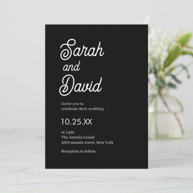 Invitation Script de calligraphie classique mariage noir et b (Debout devant)