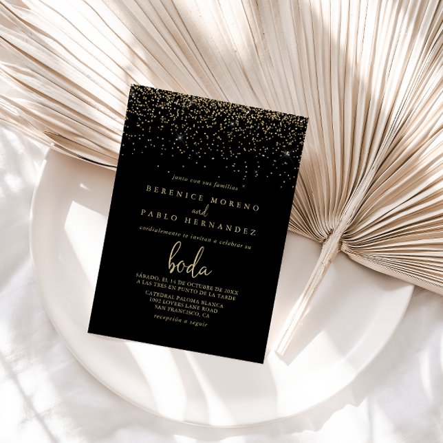 Invitation Script de calligraphie Gold Confetti Mariage espag (Créateur téléchargé)