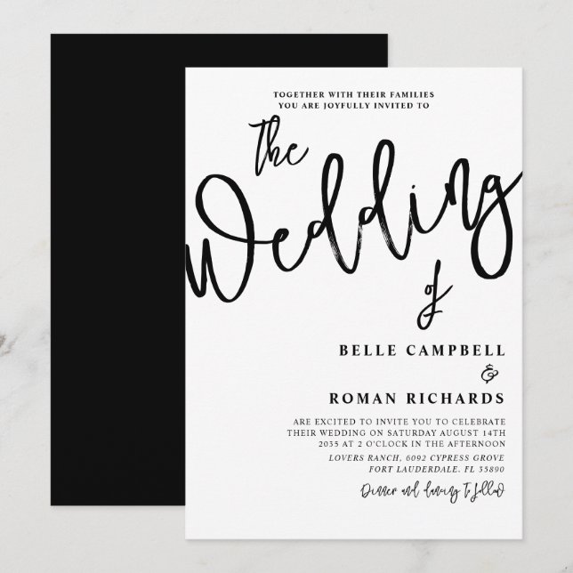 Invitation Script de calligraphie moderne Mariage noir et bla (Devant / Derrière)
