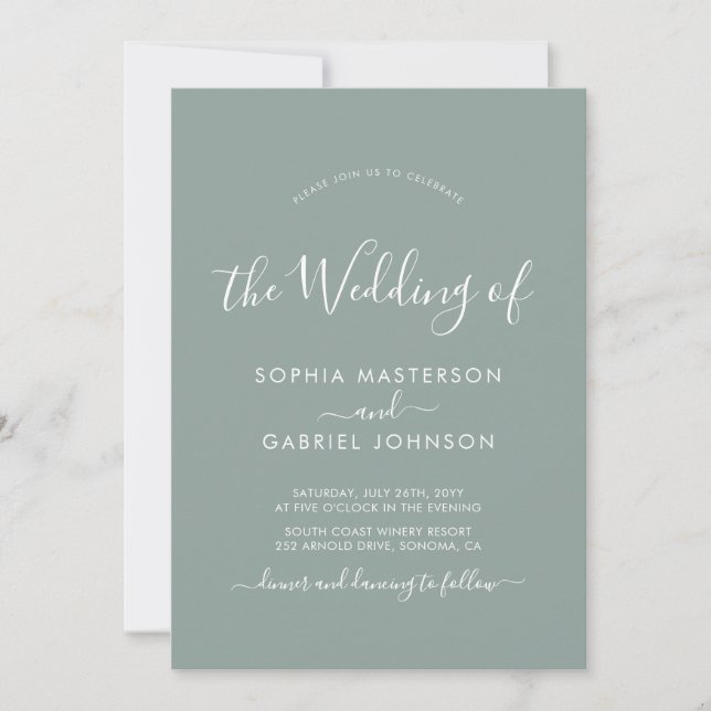 Invitation Script de calligraphie moderne Sage Mariage photo  (Devant)
