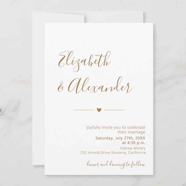 Invitation Script de calligraphie or moderne Mariage de coeur (Devant)