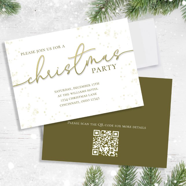 Invitation Script de calligraphie or Noël Code QR simple (Christmas party gold gradient calligraphy script invitation. With a modern QR Code. )