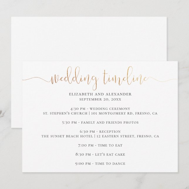 Invitation Script de chronologie de la fête de mariage. Calli (Devant / Derrière)
