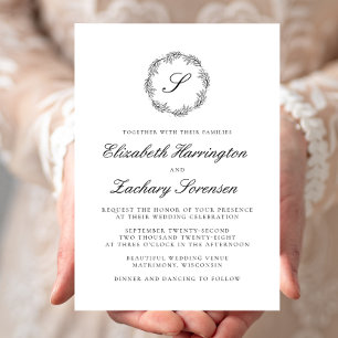Invitation Script de couronne de monogramme noir et blanc cla