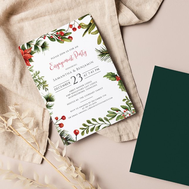 Invitation Script de la fête de Noël (Poinsettia Greenery Christmas Engagement Party Invitation)
