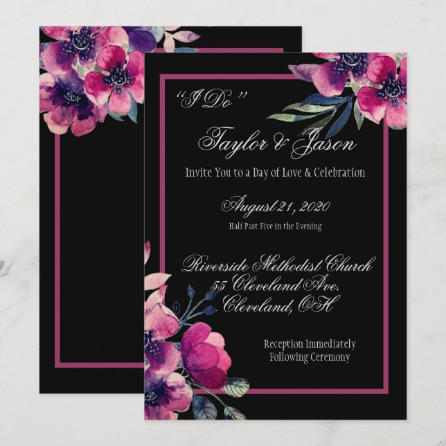 Invitation Script de Mariage romantique noir et rose (Devant / Derrière)