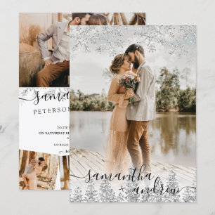 Invitation Script de neige d'hiver argent moderne 5 photos ma