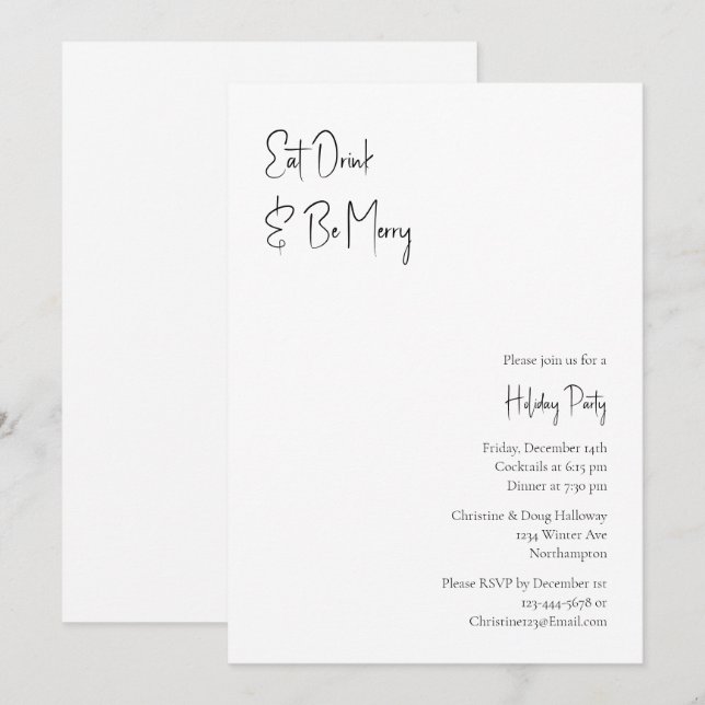 Invitation Script De Noël Moderne Mangez Boire Et Soyez Joyeu (Devant / Derrière)