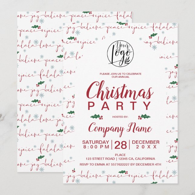 Invitation Script de Noël rustique entreprise fête rouge vert (Devant / Derrière)