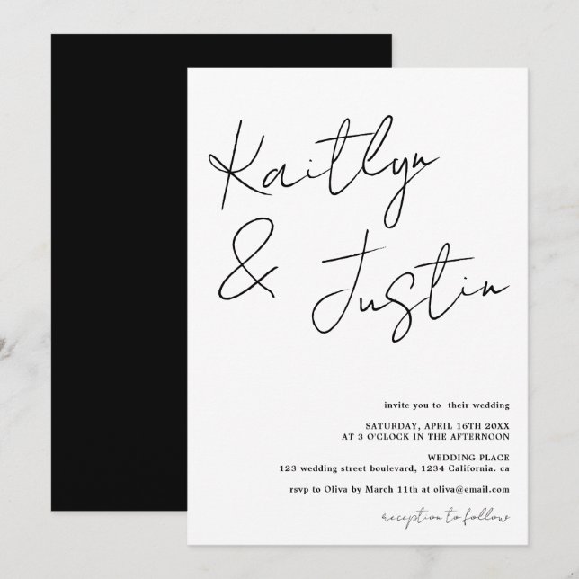 Invitation Script de nom moderne calligraphie noir blanc mari (Devant / Derrière)