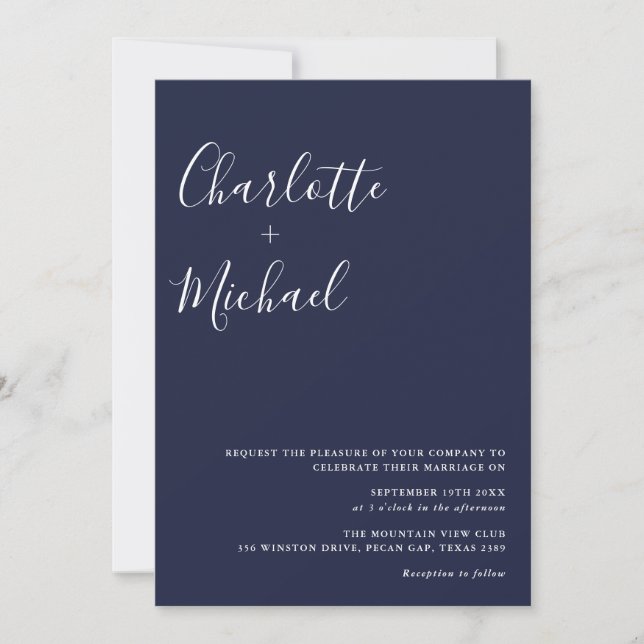 Invitation Script de signature minimaliste Mariage bleu marin (Devant)