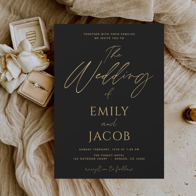 Invitation Script de typographie moderne Mariage d'or noir (Créateur téléchargé)