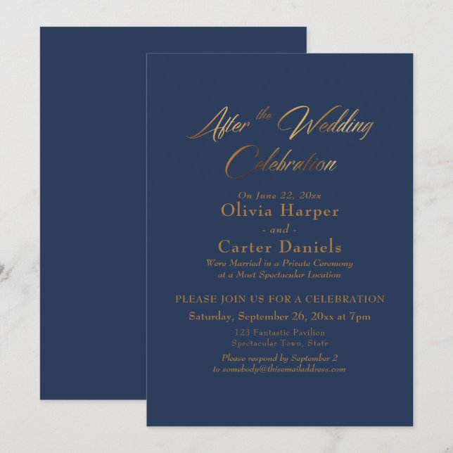Invitation Script Doré Après la Célébration de Mariage Navy (Devant / Derrière)