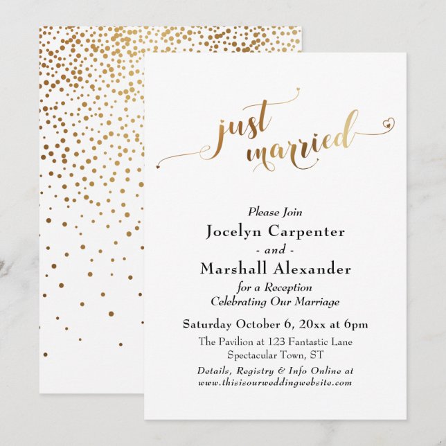 Invitation Script Doré Confettis Mariage Récent Dos (Devant / Derrière)