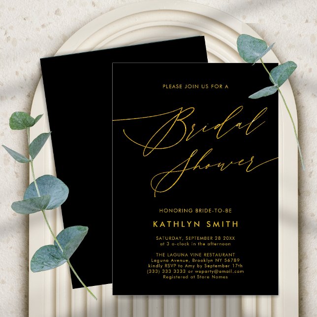 Invitation Script élégant Black Gold Fête des mariées moderne (Créateur téléchargé)