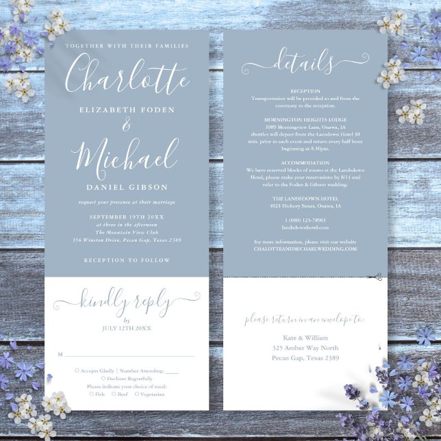 Invitation Script Elégant bleu Dusty tout en un Mariage (Dusty Blue Elegant Script All In One Wedding Invitation)