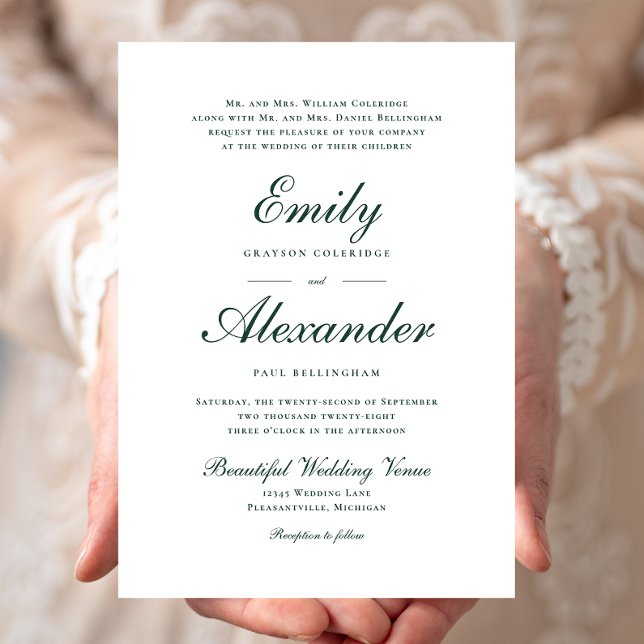 Invitation Script élégant Emerald Green Mariage blanc (Créateur téléchargé)