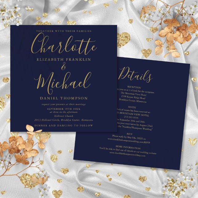 Invitation Script Élégant en or bleu marine tout en un Mariag (Navy Blue Gold Elegant Script All In One Wedding Invitation)