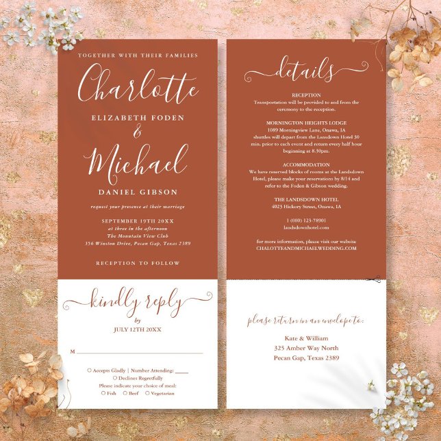 Invitation Script Élégant En Terracotta Tout En Un Mariage (Terracotta Elegant Script All In One Wedding Invitation)