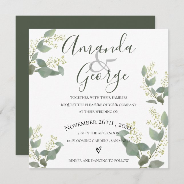 Invitation Script élégant | Eucalyptus Feuilles | MARIAGE (Devant / Derrière)