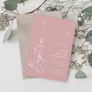 Invitation Script élégant moderne Dusty Rose Girls Baptême