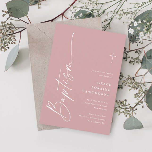 Invitation Script élégant moderne Dusty Rose Girls Baptême (Créateur téléchargé)