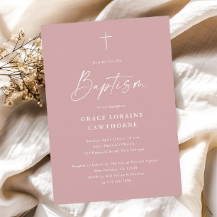 Invitation Script élégant moderne Dusty Rose Girls Baptême