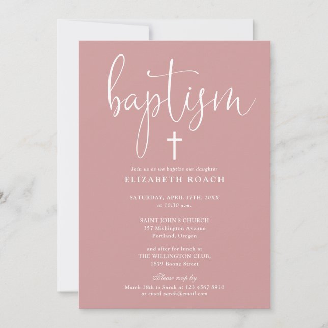 Invitation Script élégant moderne Dusty Rose rose Baptême (Devant)