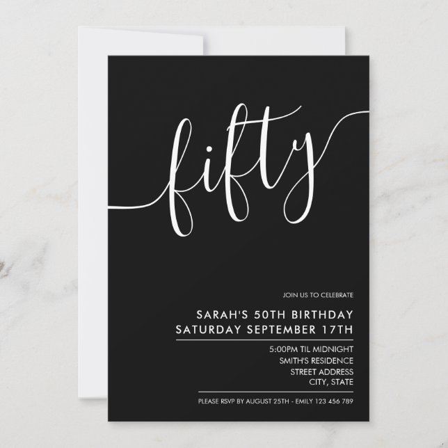 Invitation Script élégant moderne noir 50e anniversaire (Devant)