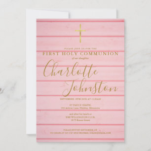 Invitation Script en bois rose rustique Première communion sa
