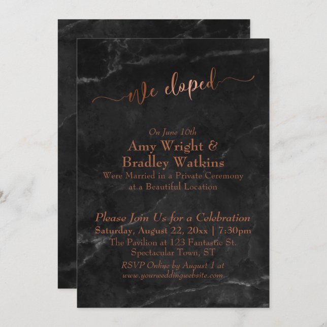 Invitation Script en cuivre Nous avons Elopé Script sur marbr (Devant / Derrière)