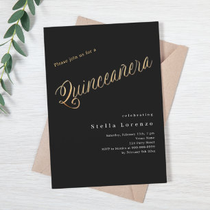 Invitation Script en or noir élégant Quinceanera luxe