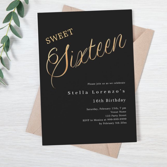 Invitation Script en or noir luxe Sweet 16 (Créateur téléchargé)