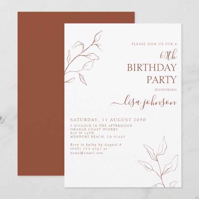 Invitation Script en terre cuite moderne Botanique 60e annive (Devant / Derrière)