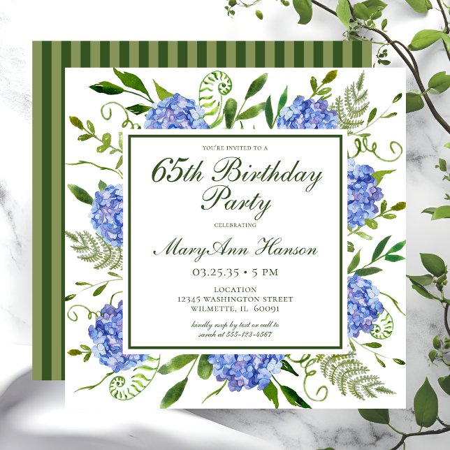 Invitation Script Fleurs d'Hydrangea Bleues pour 65e Annivers (Créateur téléchargé)