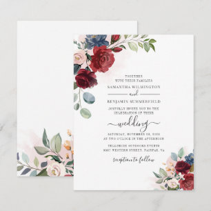Invitation Script floral Bourgogne Botanique Mariage moderne