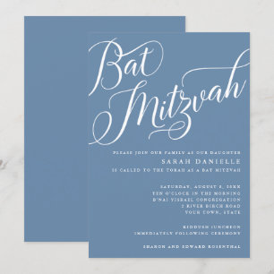 Invitation Script florissant moderne, Bat mitzvah bleu Dusty