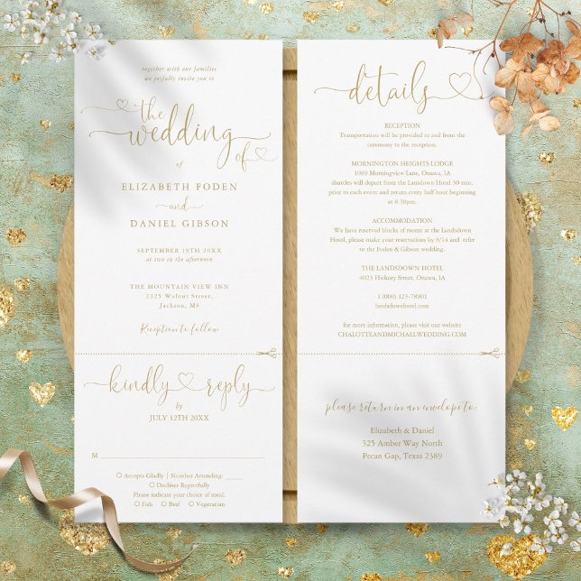 Invitation Script Gold Heart moderne tout en un Mariage (Modern Gold Heart Script All In One Wedding Invitation)